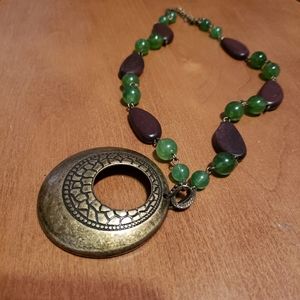 Vintage Beaded Circle Antique Bronze Pendant Necklace Avon  Boho